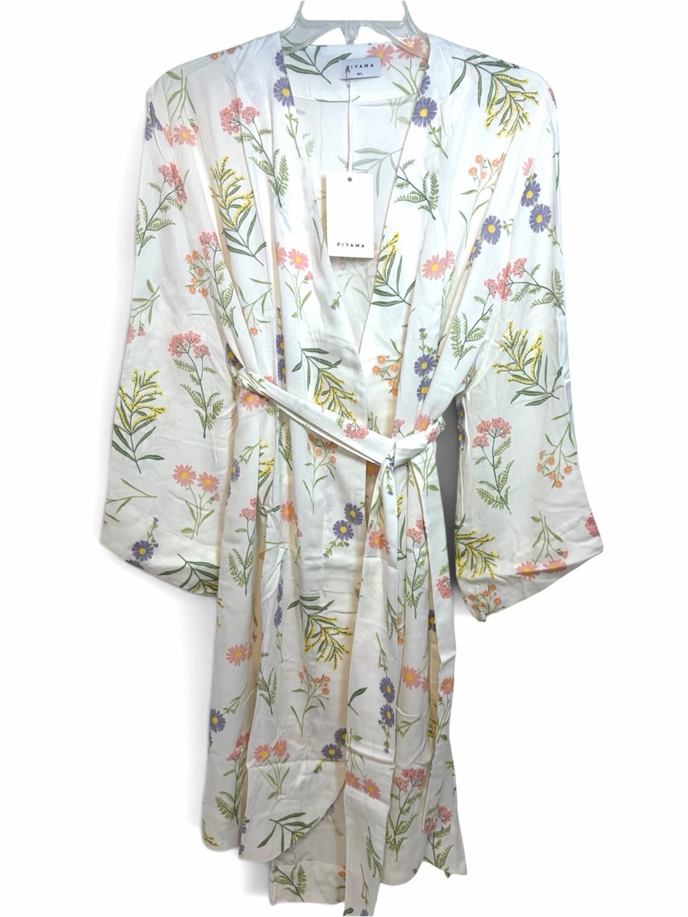 Piyama Floral Short Robe in White with Pastel Flowers Women’s 36”